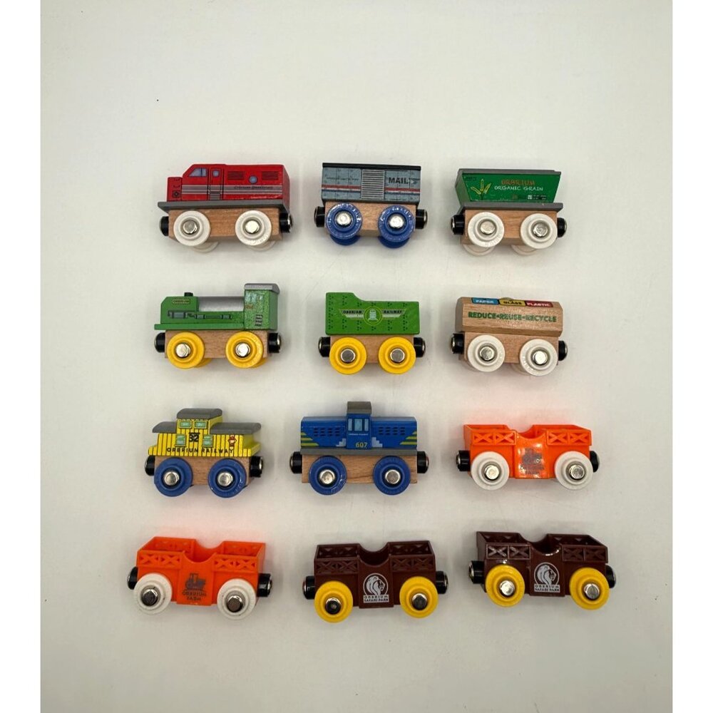 Lot of (12) Orbrium Magnetic Wooden Train Engines Cars Mix